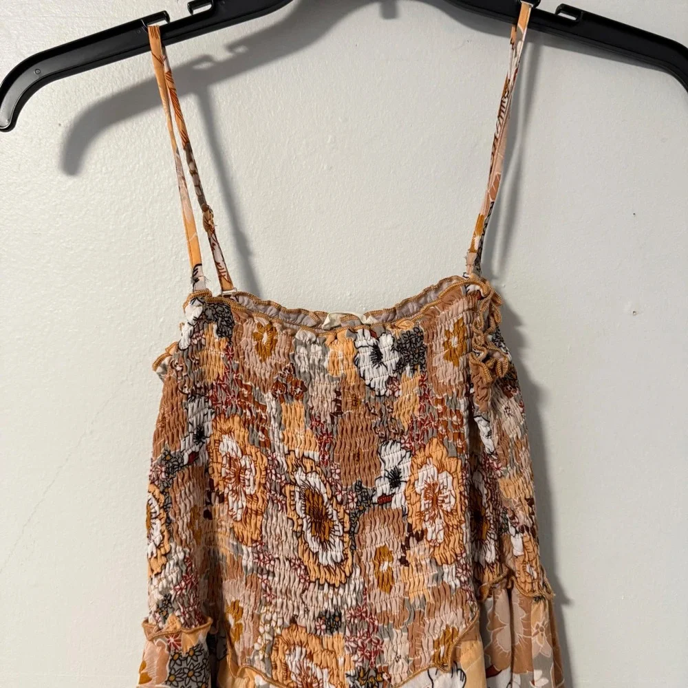 Kori Womens Floral Smocked Wide Leg Jumpsuit Spaghetti Strap Orange Boho Small